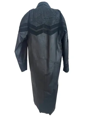 VTG 80s Black Leather Long Trench Duster Coat M Intricate Burnout Suede thumbnail 7