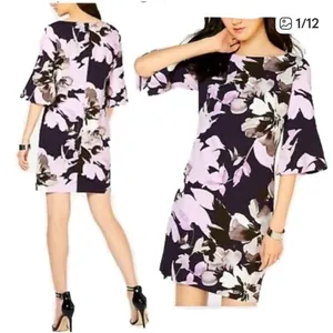 NWT VINCE CAMUTO Women’s Dress Sz 2‎ Navy Blue Floral Bell-Sleeve Shift Cocktail thumbnail 14