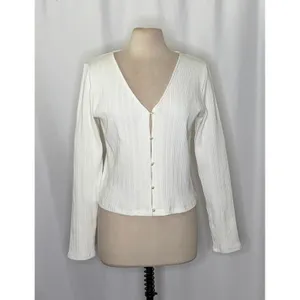 VINCE Pearl Button Cardigan Sweater Off White Ribbed Cropped V Neck‎ X-Large thumbnail 2