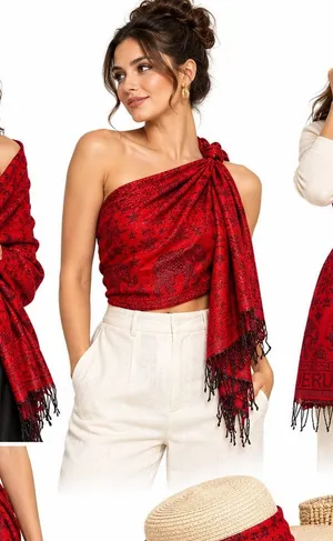 100% Cashmere Red Black Elephant Shawl Oversized Fringe Scarf Wrap thumbnail 1