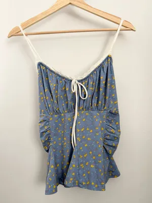 Free People XL Sammi Tank Top Blue Floral Peplum Babydoll Coquette Preppy thumbnail 3