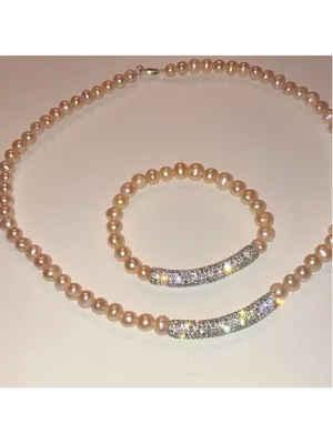 Pale Pink Genuine Pearls CZ Rhinestone Necklace Bracelet Set thumbnail 5