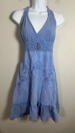 Glocam Blue Cotton Halter Dress Embroidered Crochet Waist Smocked Back Small thumbnail 1