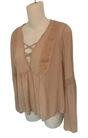 Peasant Style Blouse Beige Tunic Top Ladies Sz M Cottagecore thumbnail 1