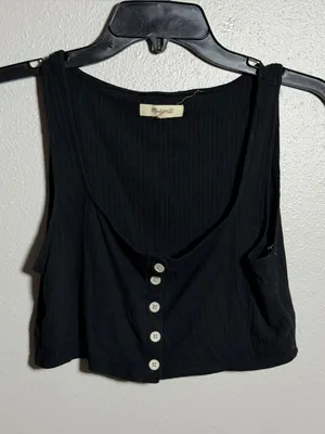 Madewell Women Minimalist Neutral Black Ribbed Button-Front Crop Tank Top size M thumbnail 2