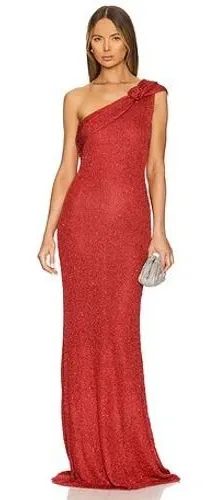 Runaway The Label Maxi Dress Red One Shoulder Rosette Metallic Knit Gown thumbnail 1