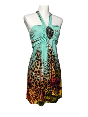 Venus y2k leopard floral halter dress beaded boho festival size small thumbnail 3