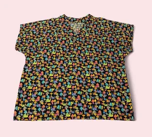 Source Unknown Black Short Sleeve scrub top w/ Colorful Mushroom and snail Print thumbnail 1