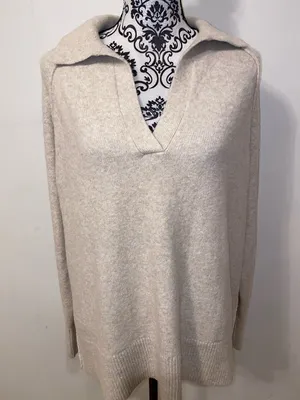 NWT!! Aerie Cream Collared V-Neck Knit Pullover Sweater Size Small Oversized thumbnail 1