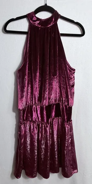 NEW Ramy Brook Deep Red Sparkle Velvet Velour Halter Neck Ellin Mini Dress Sz M thumbnail 1