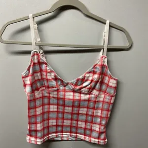 Unbranded Womens Camisole Red Blue Plaid V-Neck Lace Trim Size Medium thumbnail 2