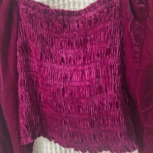 Anthropologie Smocked Velvet Puff Sleeve Pink Magenta Square Neck Blouse Small thumbnail 4