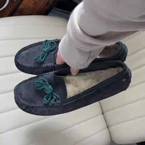 UGG Navy Suede Shearling Moccasins with Teal Bow Trim thumbnail 2
