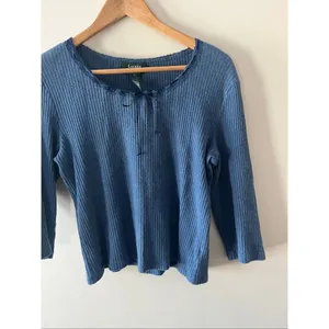 Lauren Ralph Lauren Blue Waffle Knit y2k 100% Cotton blouse L Lace Trim coquette thumbnail 2