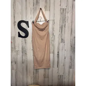 Nude Bodycon Midi Dress XS Halter Strap Fitted Stretch Cocktail Club thumbnail 5