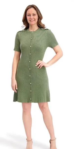 French Connection Olive Green Ribbed Military Sweater Dress Gold Button Mini L thumbnail 1