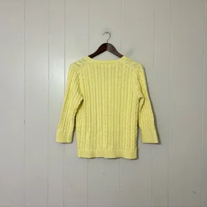 L.L.Bean Cable Knit Sweater Yellow Cotton V Neck 3/4 Sleeve Womens M thumbnail 5