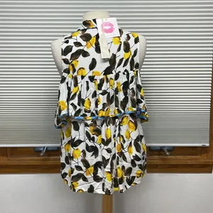 Entro NWT Off White Lemon Print Button Down Open Shoulder Ruffle Top thumbnail 5