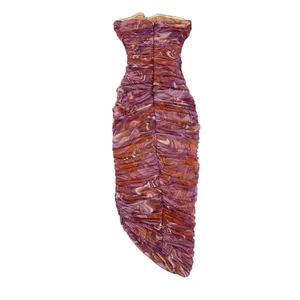 House of CB - Sasha Swirl Strapless Ruched Midi Dress in Purple and Orange thumbnail 3