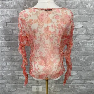 Zara Sheer Floral Ruffle-Sleeve Blouse - Pink & Cream thumbnail 3