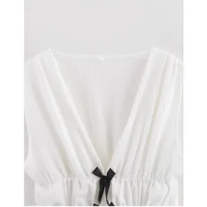NEW White V Neck Sleeveless Bow Plisse Shirt Tank Top thumbnail 3