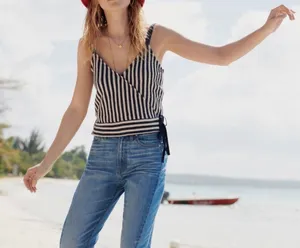 Madewell Navy Blue & Ivory Striped Jacquard Side Tie Faux Wrap Finale Cropped Tank Small thumbnail 1