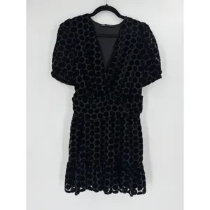 Zara Mini Dress Womens S Black Velvet Polka Dot Puff‎ Sleeve Whimsigoth Romantic thumbnail 2