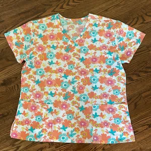 Scrubs short sleeve lightweight flower pattern Orange Size XL thumbnail 1