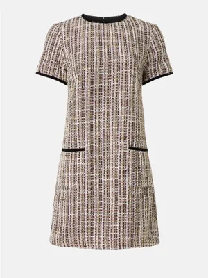 CeCe Tweed Shift Dress with Patch Pockets, Black/Pink/Gold/White, Size 4 thumbnail 4