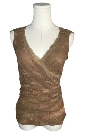Y2K Ann Ferriday Tan Floral Mesh Lace Surplice Sleeveless Fairycore Blouse thumbnail 1