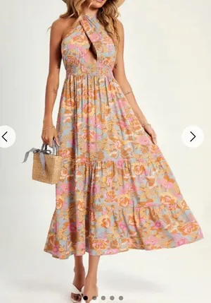 ZESICA Boho Retro Floral Halter Maxi Dress Pink Orange Tiered Sun Dress Large thumbnail 1