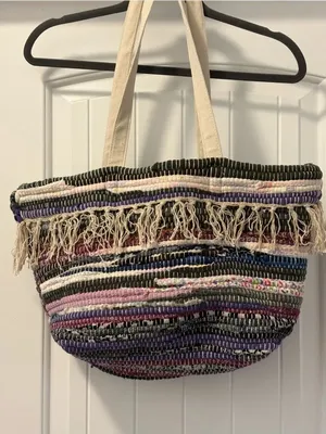 Raj Anthropologie Handwoven Multicolor Fringe Tote Bag - Cream Handles NWT thumbnail 3