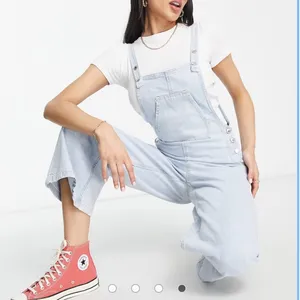 asos Stradivarius cropped wide leg denim dungarees light Blue Denim Overalls thumbnail 3