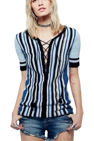 Free‎ People Tunic Sweater Mini Dress Boho Knit Navy Baby Blue Cozy Chic Small thumbnail 1