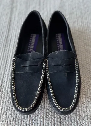 Fashion Bug Black Faux Suede Loafers with Whip Stitiching Detail Sz 9 thumbnail 1