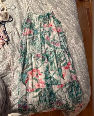 Elena Baldi Silk Blend Tiered Maxi Dress with Green and Pink Pattern thumbnail 1