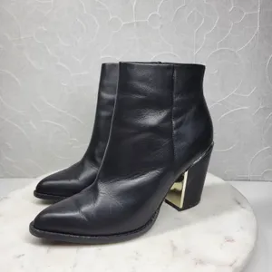 ALDO Leather Ankle Boots Womens 6.5 Black Gold Plate Block Heel Pointed Toe thumbnail 6