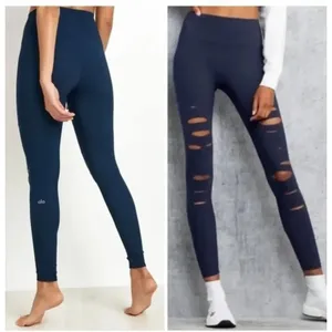 Alo Yoga Ripped Warrior Navy Blue Leggings Sz S High Waist Excellent Condition thumbnail 2
