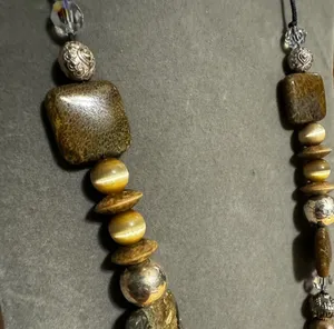 Beaded gemstone, wood plastic statement necklace Brown thumbnail 3