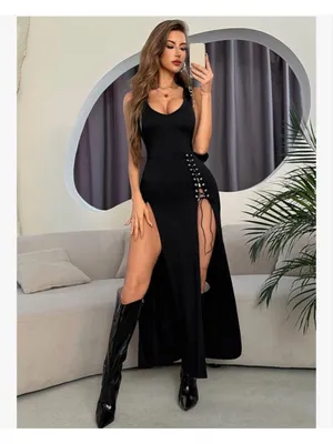 NEW GothDark Black Goth High Slit V Neck Eyelet Rope Club Maxi Dress S thumbnail 3