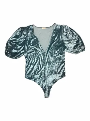 Free People Don’t You Wish Teal Crushed Velvet Puff Sleeve Bodysuit Large thumbnail 5