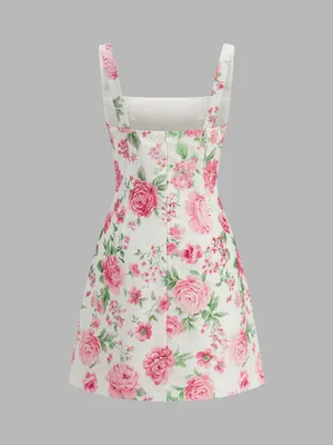 CoMMENSE Square Neck Rose Print Slip Mini Dress Size Large thumbnail 3