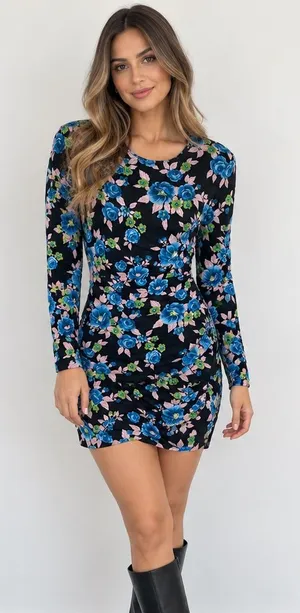 Zara Floral Open Back Bodycon Mini Dress Long Sleeve Y2K Party Size M thumbnail 1