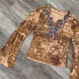 Y2K vintage boho western Gypsy fairy bell sleeve top brown tan small thumbnail 2
