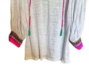 Pitusa Tunic Top Standard Multicolor Colorful Boho Cuffs Tasseled Artsy Resort thumbnail 4