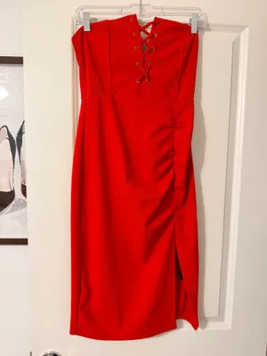 & Other Stories Blashe red bodycon dress with lace-up front and side slit, size M #party #eveningwear thumbnail 5