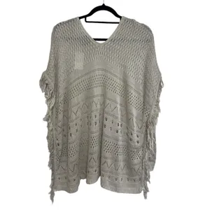 NEW Rue21 Boho Beachy Open Knit Fringe Poncho in Neutral Tan - Size S/M thumbnail 2