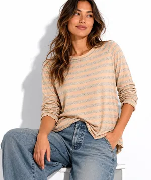 We The Free Free People Striped Long Sleeve Top M‎ Peach Speckled Grunge thumbnail 1