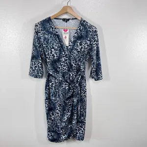 Berydress Blue White Animal Print Wrap Dress Sz Large 3/4‎ Sleeve Women's Midi thumbnail 2
