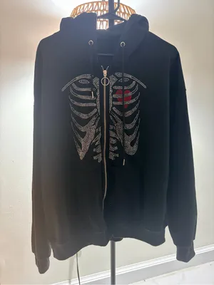 Black Zip-Up Hoodie with Rhinestone Ribcage and Red Heart thumbnail 1